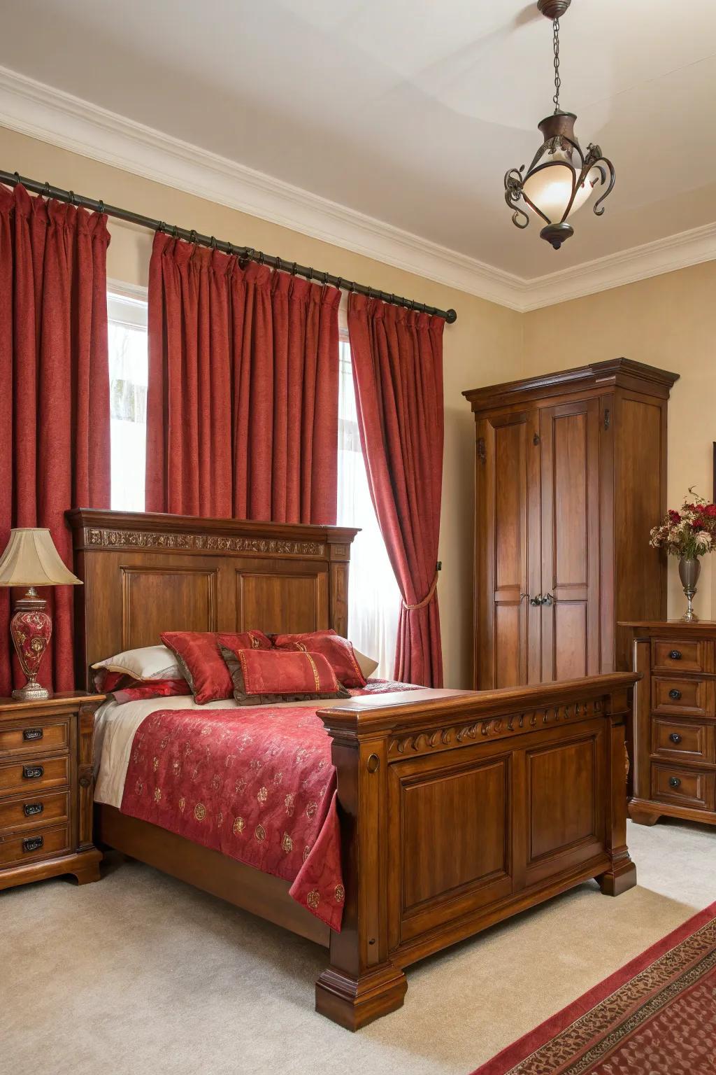 Bold curtains enhancing the warm tones of cherry wood.