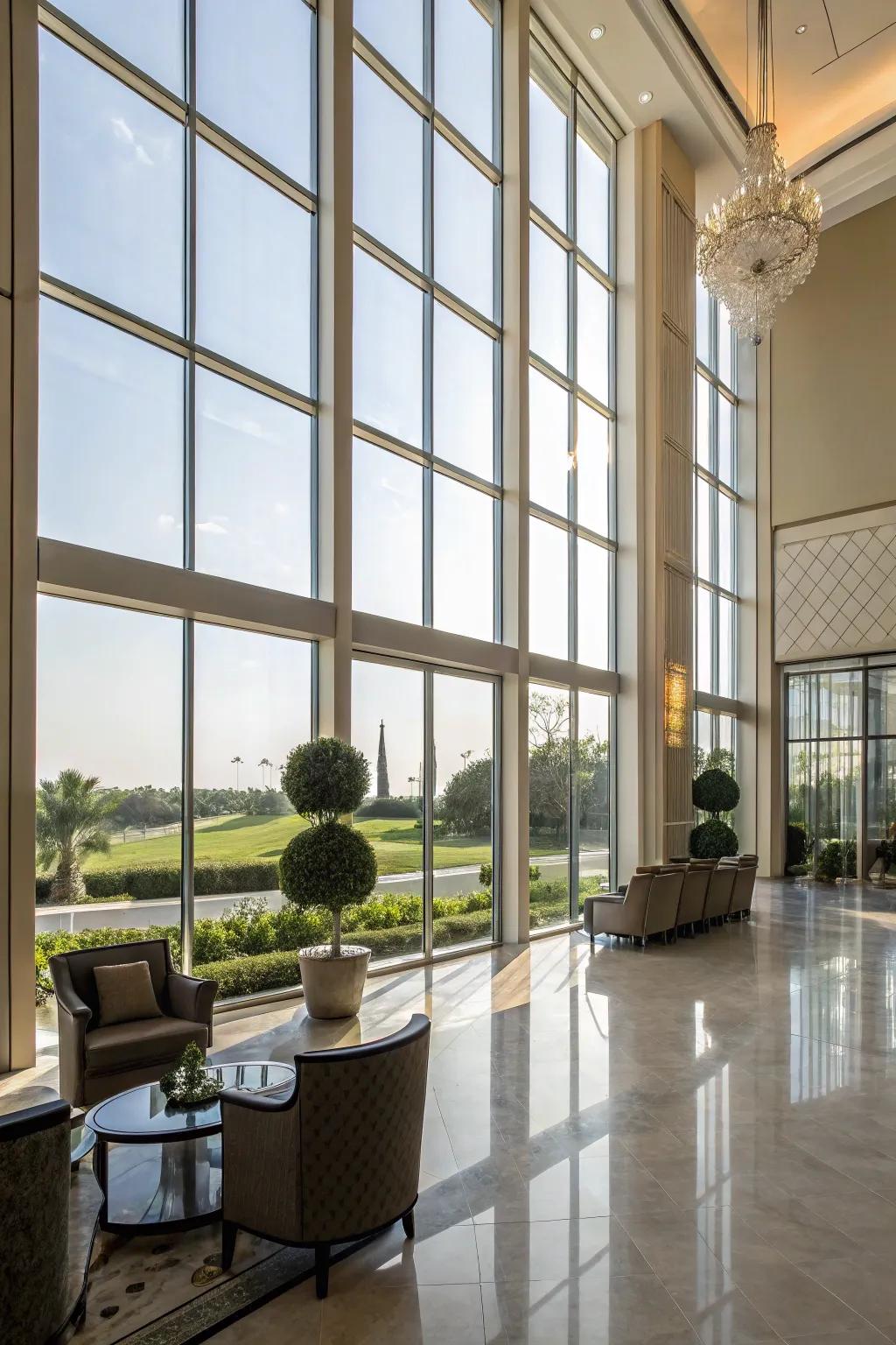 Floor-to-ceiling windows bringing natural light into the lobby.