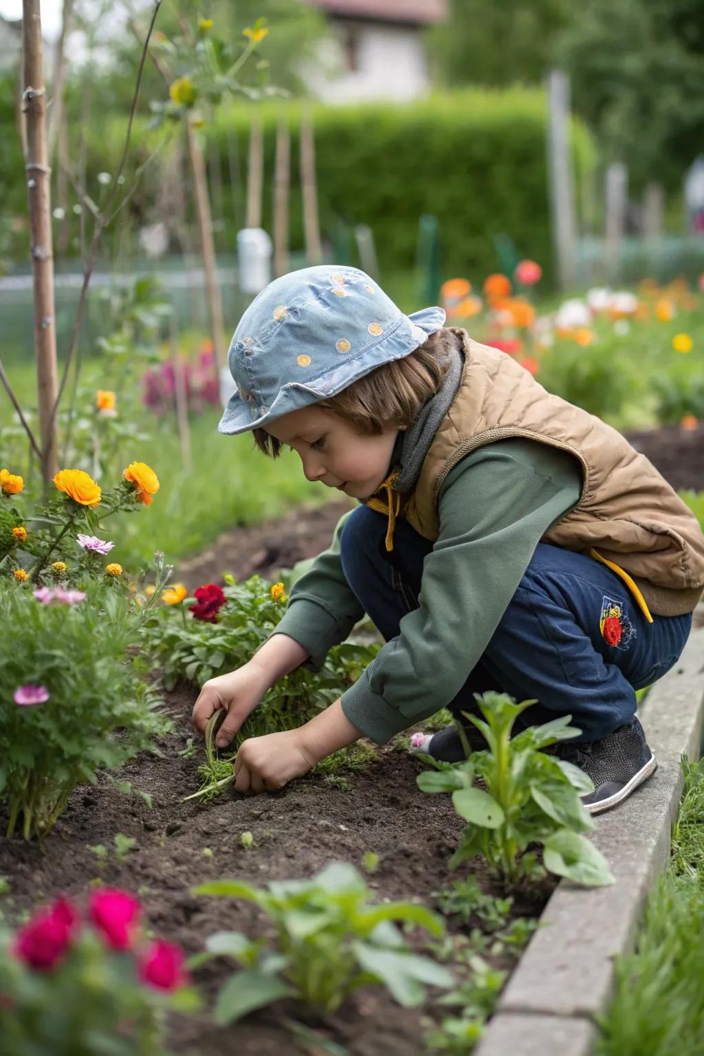 A young gardener tends to the family's backyard.