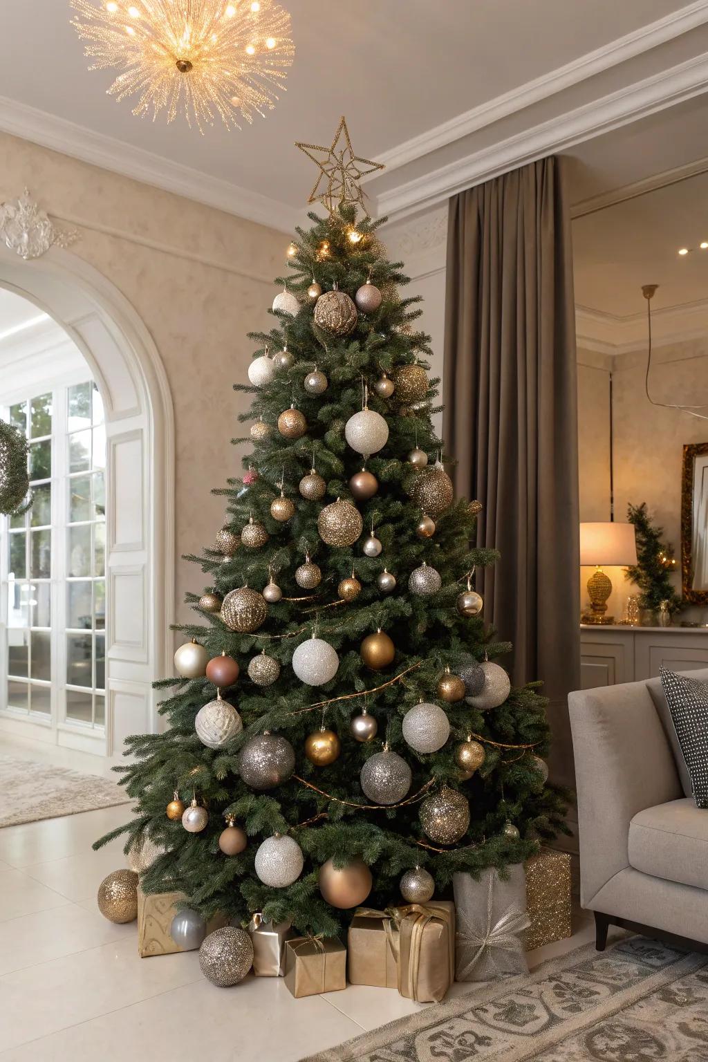 An artistic flair Christmas ball tree that's truly a masterpiece.