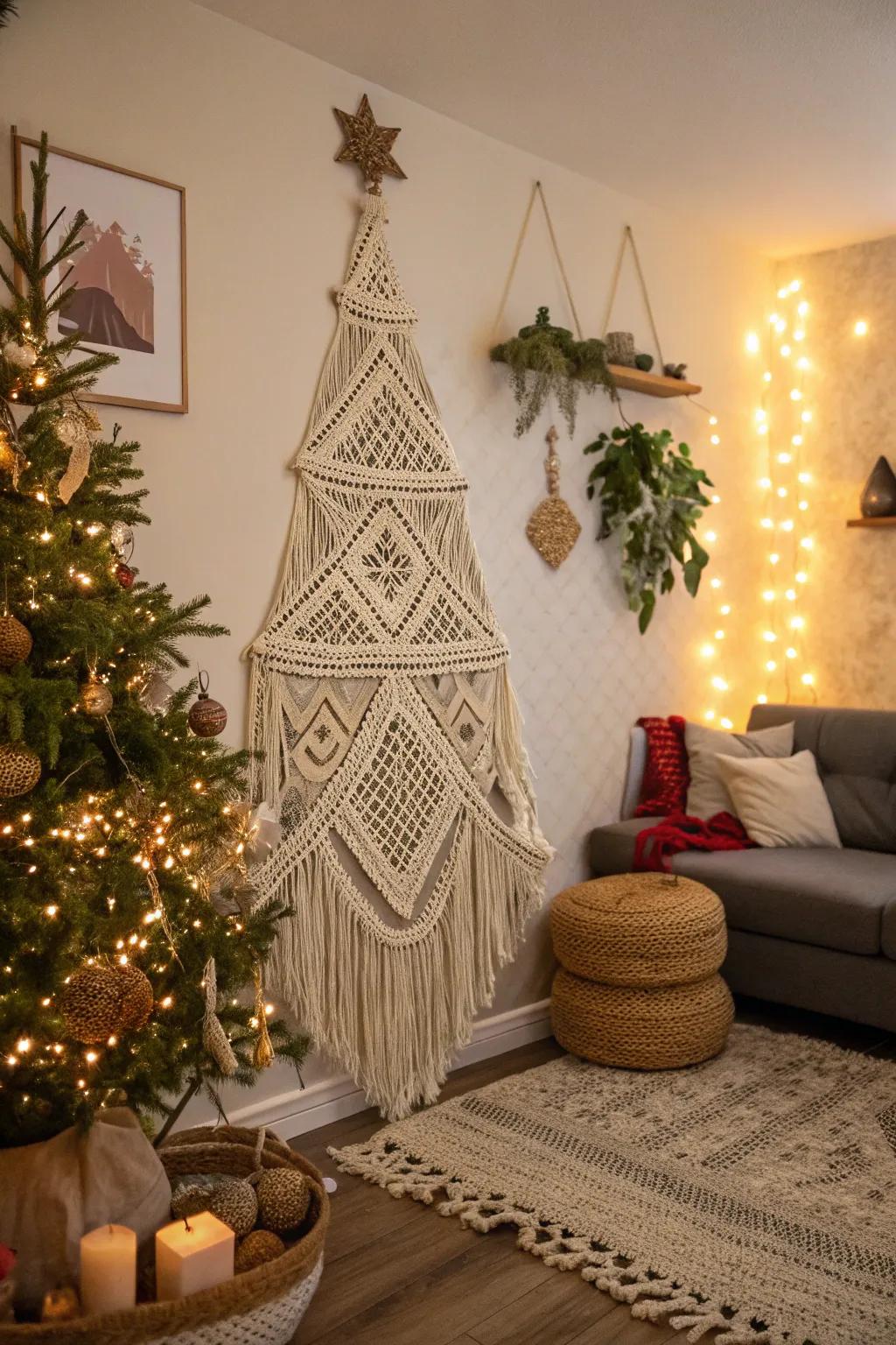A trendy macramé Christmas evergreen incorporates boho-chic allure.