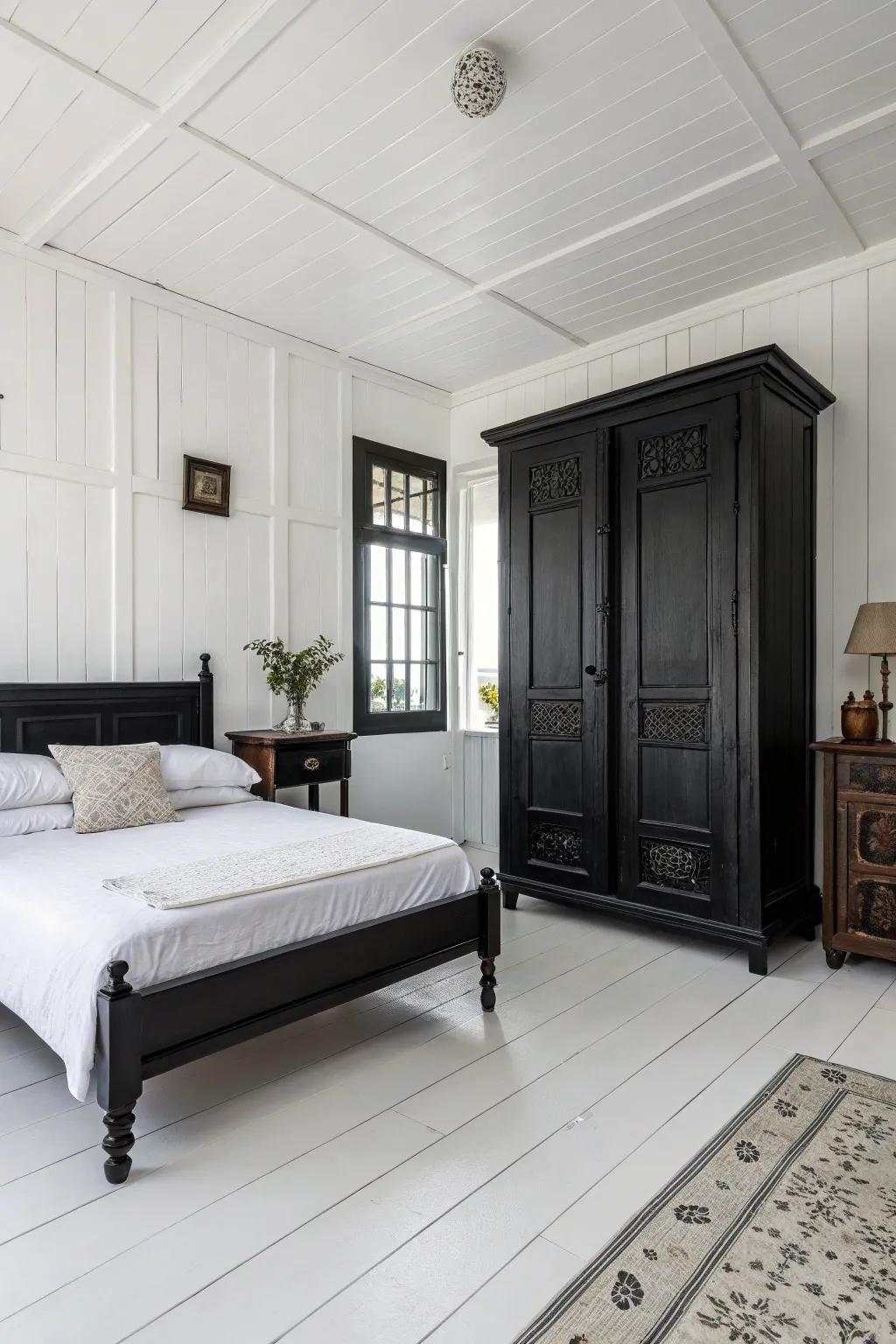 Light floors contrast with dark furniture for a bright and airy feel.