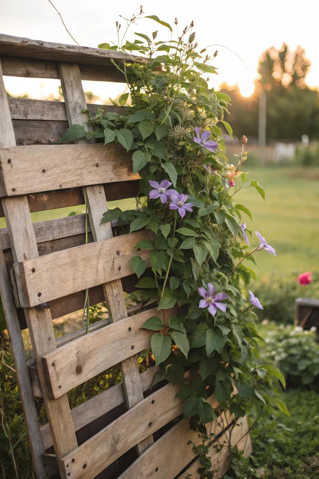 Eco-friendly, rustic support for clematis is provided by a pallet.