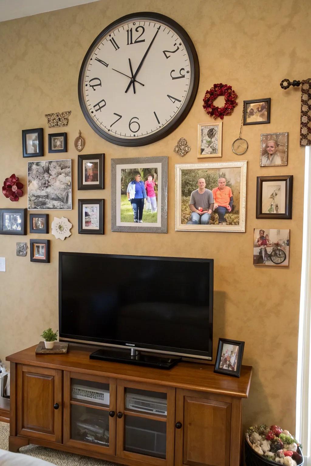 Family photos add a personal touch to the TV and clock setup.