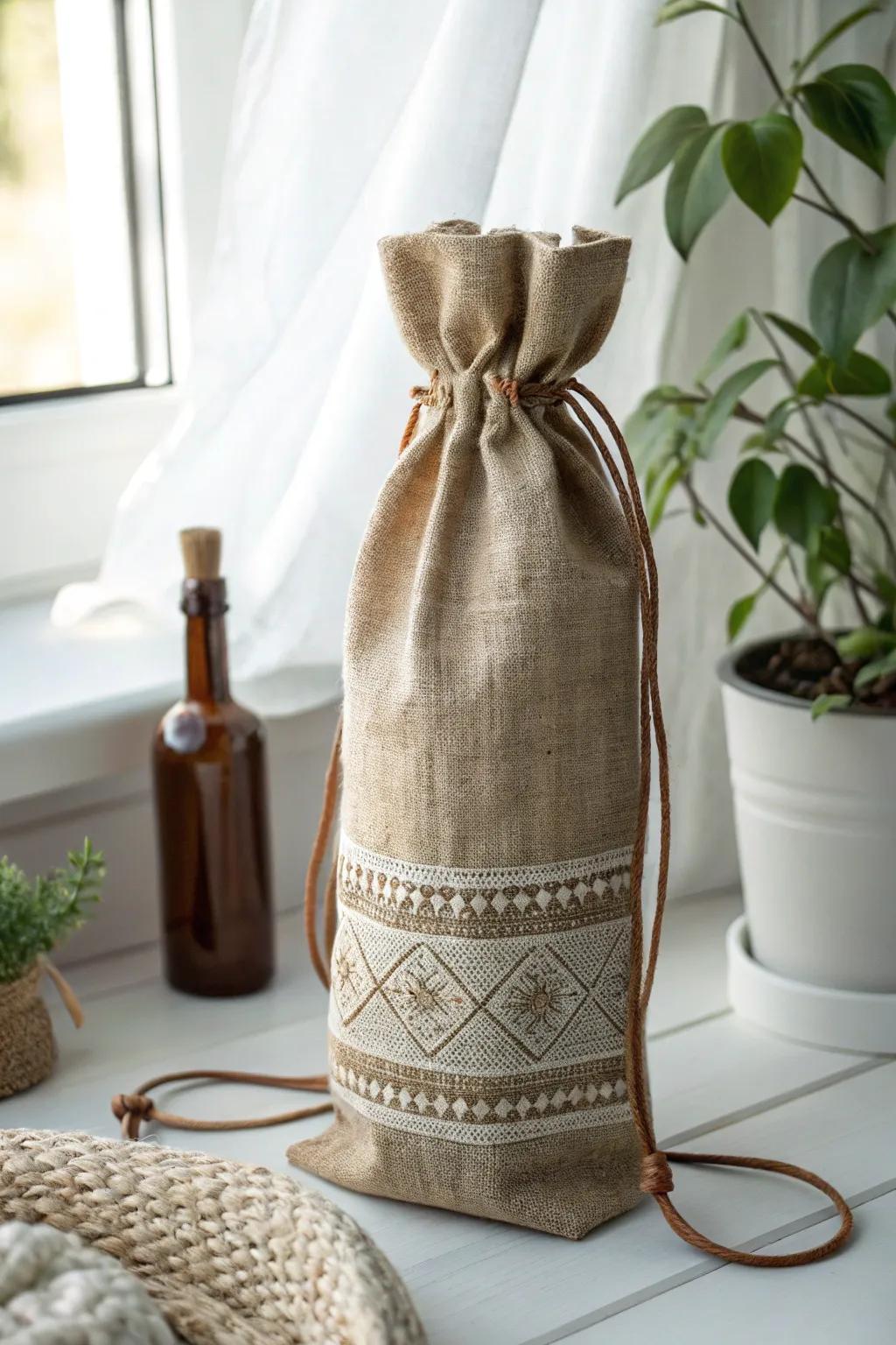Elevate gift-giving with the rustic charm of handcrafted coffee sack wine bags.