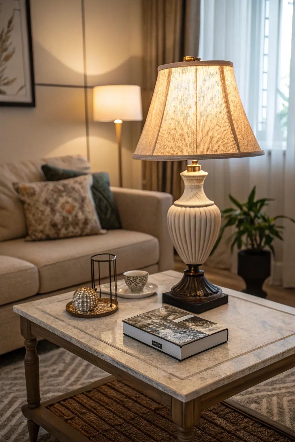 Well placed lighting can enhance the visual appeal of your coffee table setup.