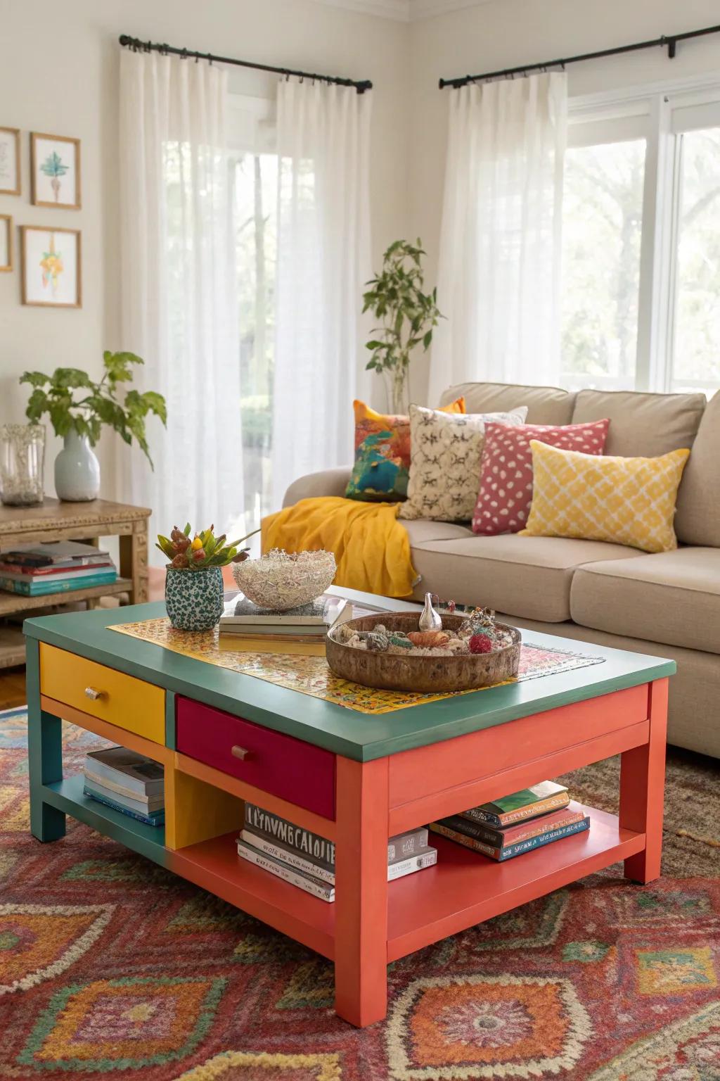 A colorful coffee table injects vibrancy and personality into a living space.