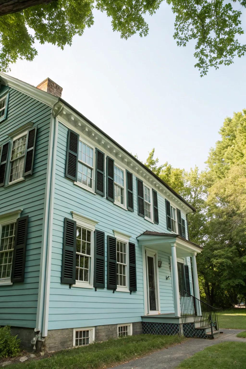 An elegantly understated colonial house with muted blue siding and dark window coverings.