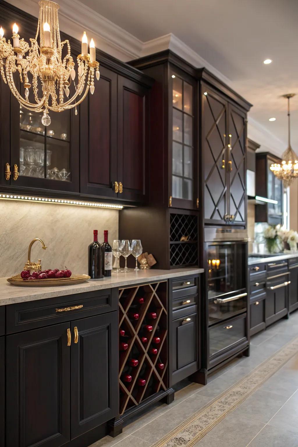 Dark cabinets decorated with wine tones for a bold and luxurious kitchen atmosphere.