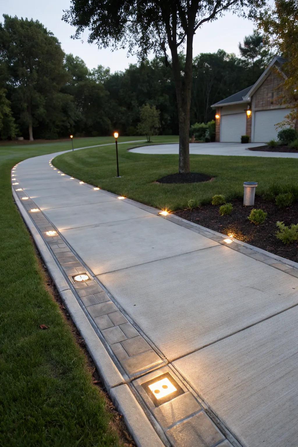 Elegant lighting elements that brighten and beautify this driveway.