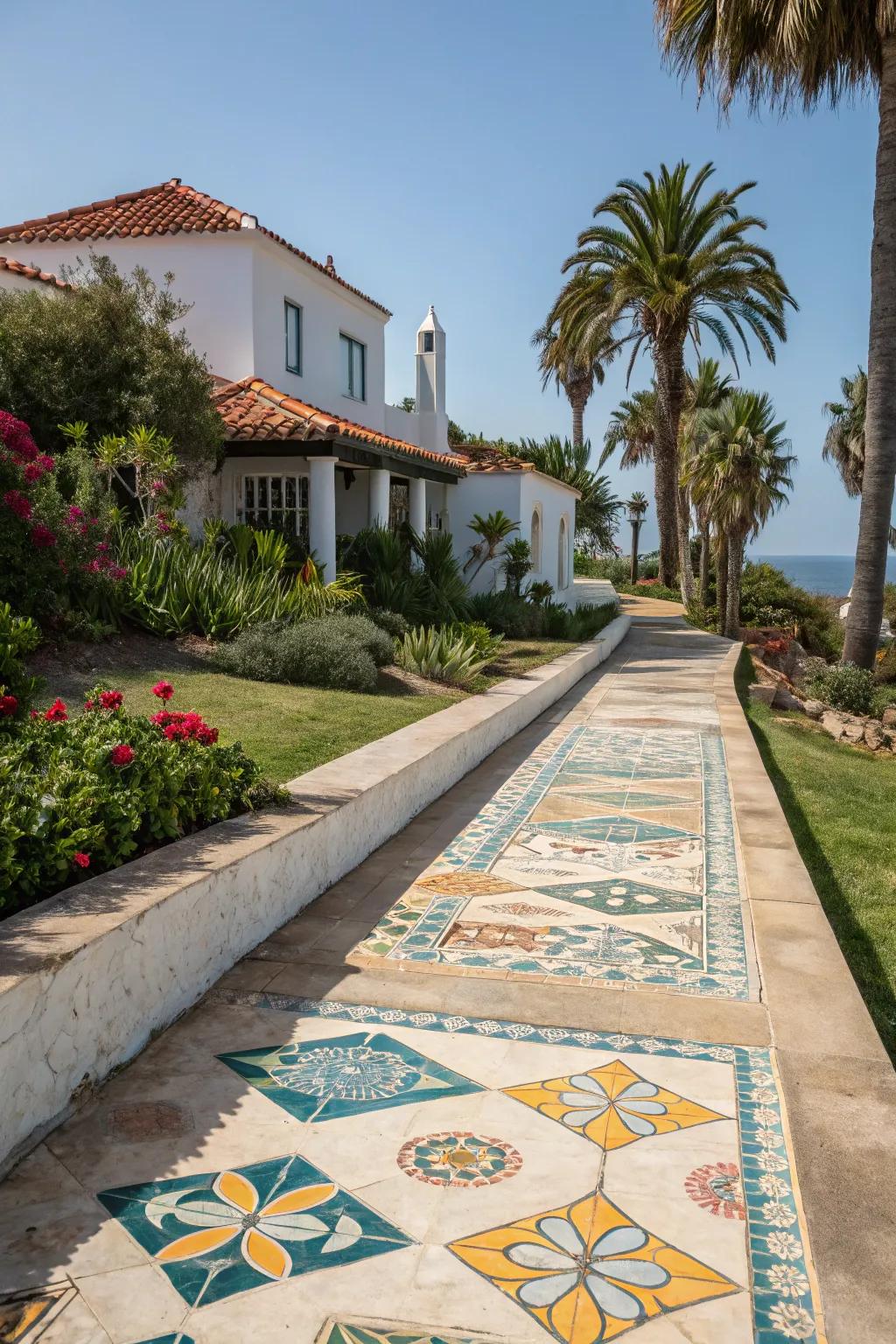 Embedded tiles introduce color and character to walkways.