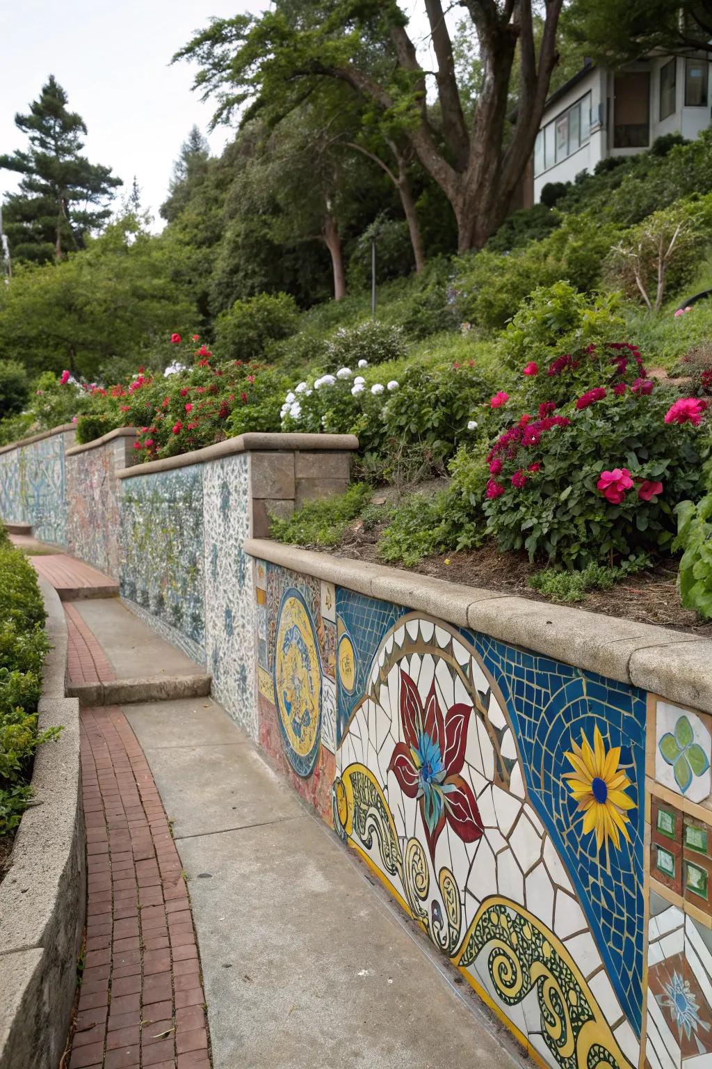 Artistic mosaics personalize and beautify retaining walls.