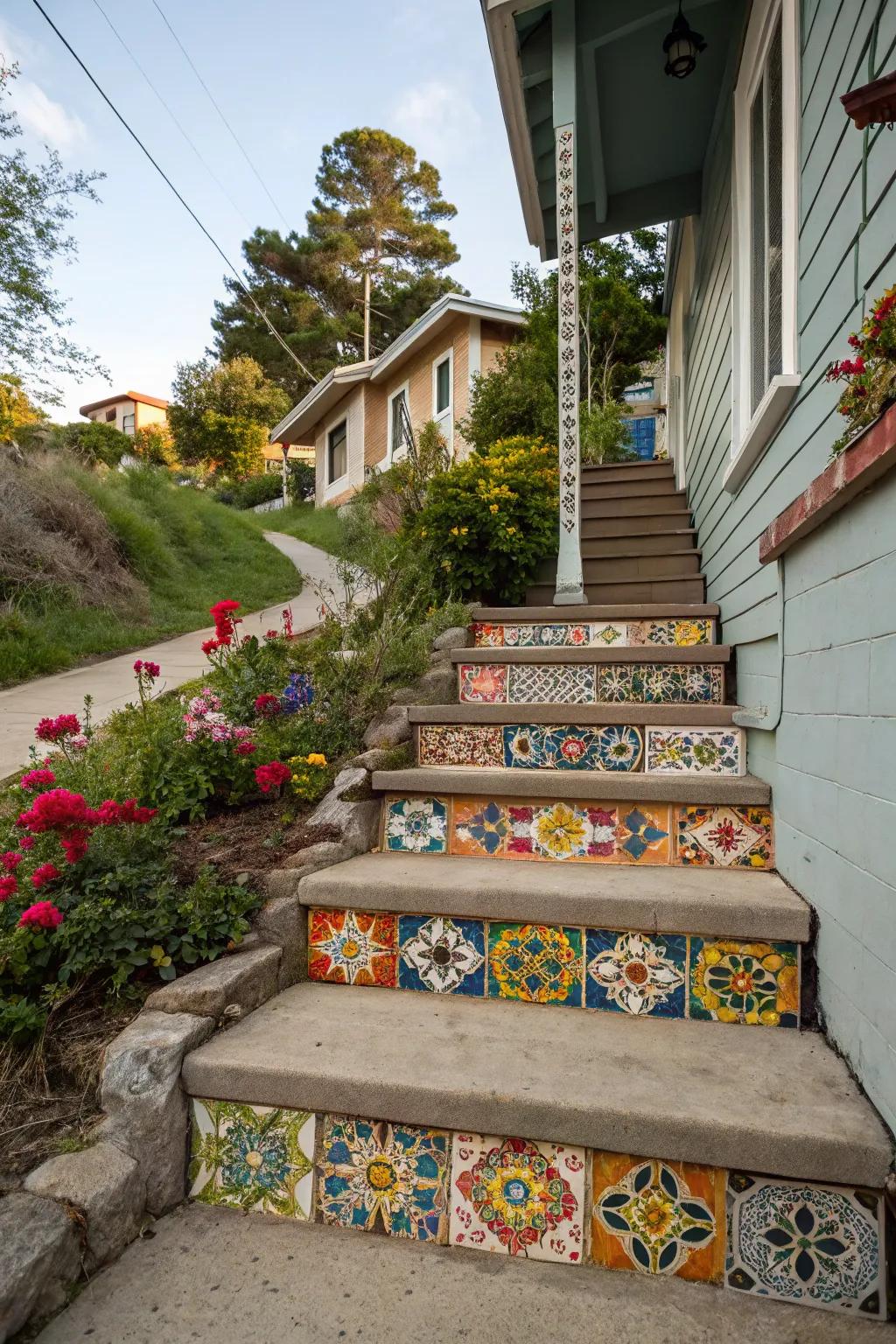 Ornamental tiles add exotic charm to steps.
