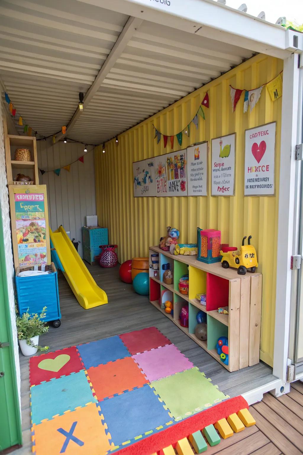 A container playroom offers a secure and enjoyable environment for children to play and learn.