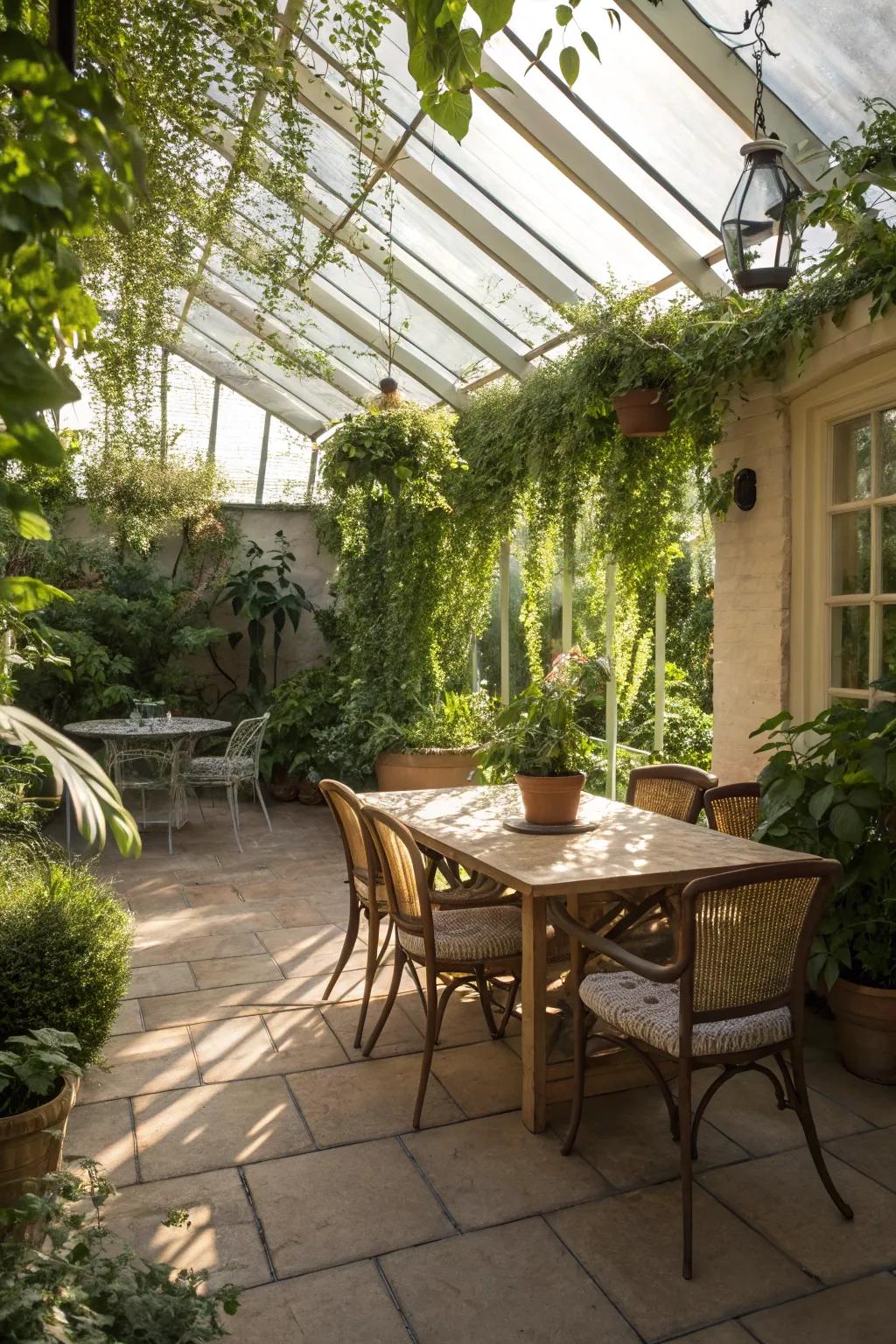 A dining escape in a conservatory, perfect for meals with a view.