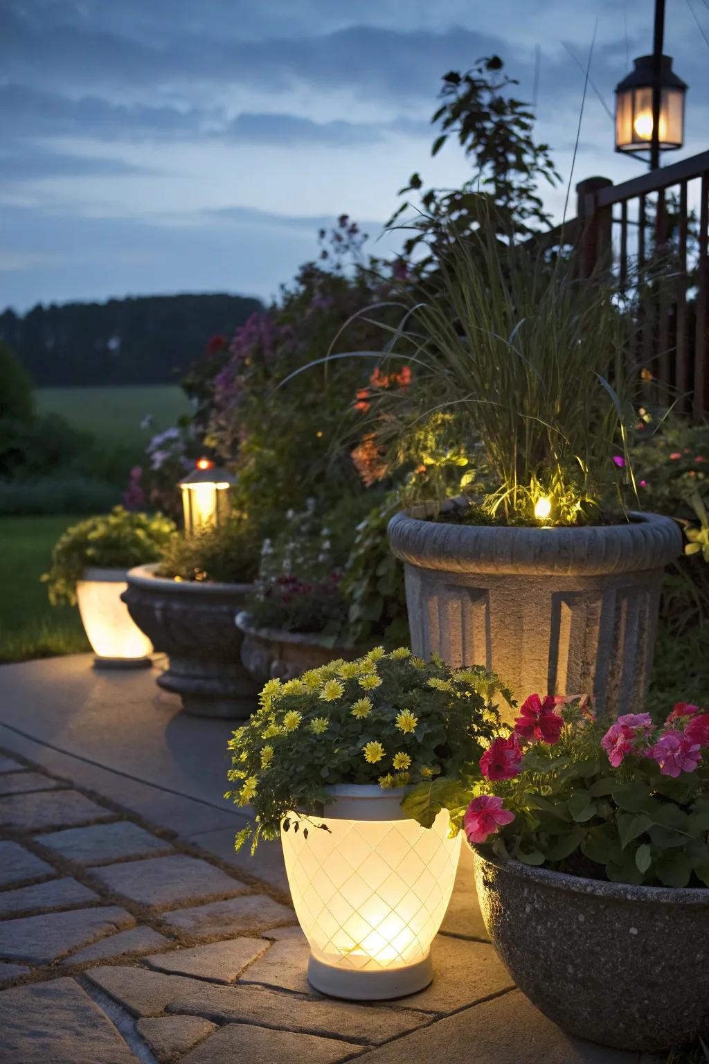 Garden containers lit for evening ambiance.