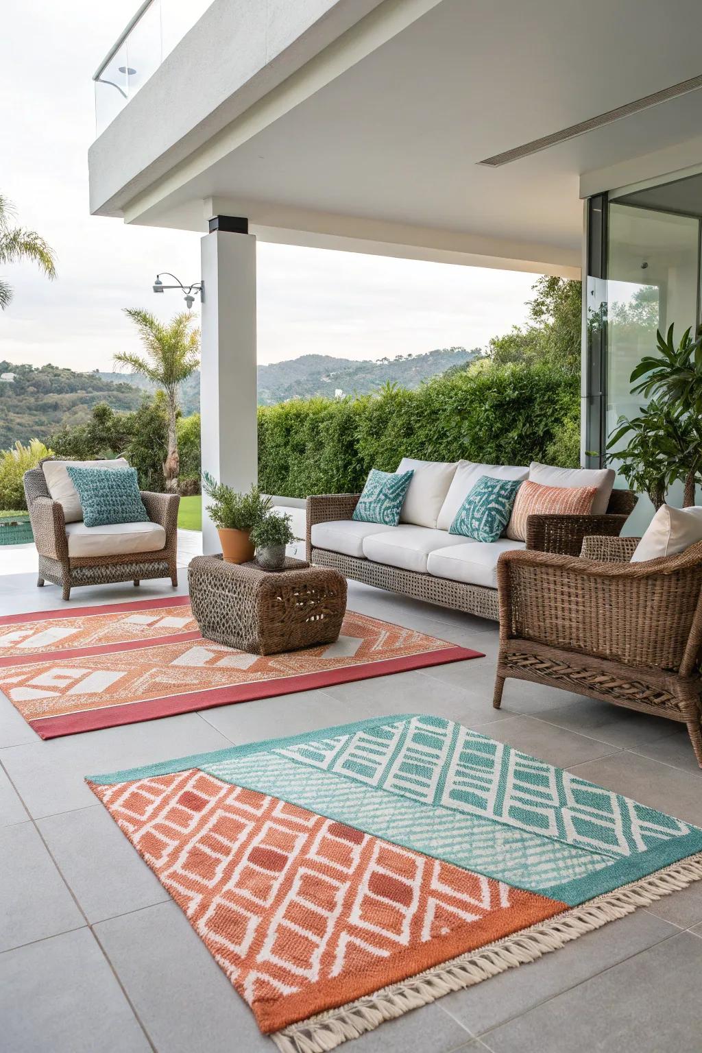 Exterior floor coverings add warmth and define spaces on a patio.