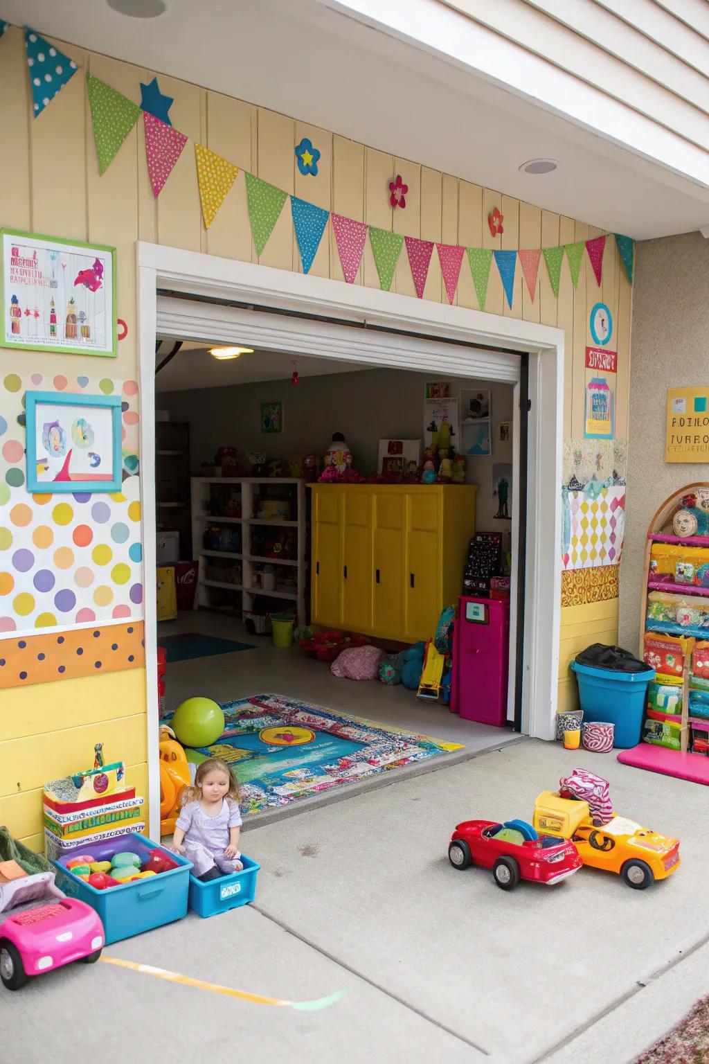 An interactive playroom in the garage offers endless fun for kids.