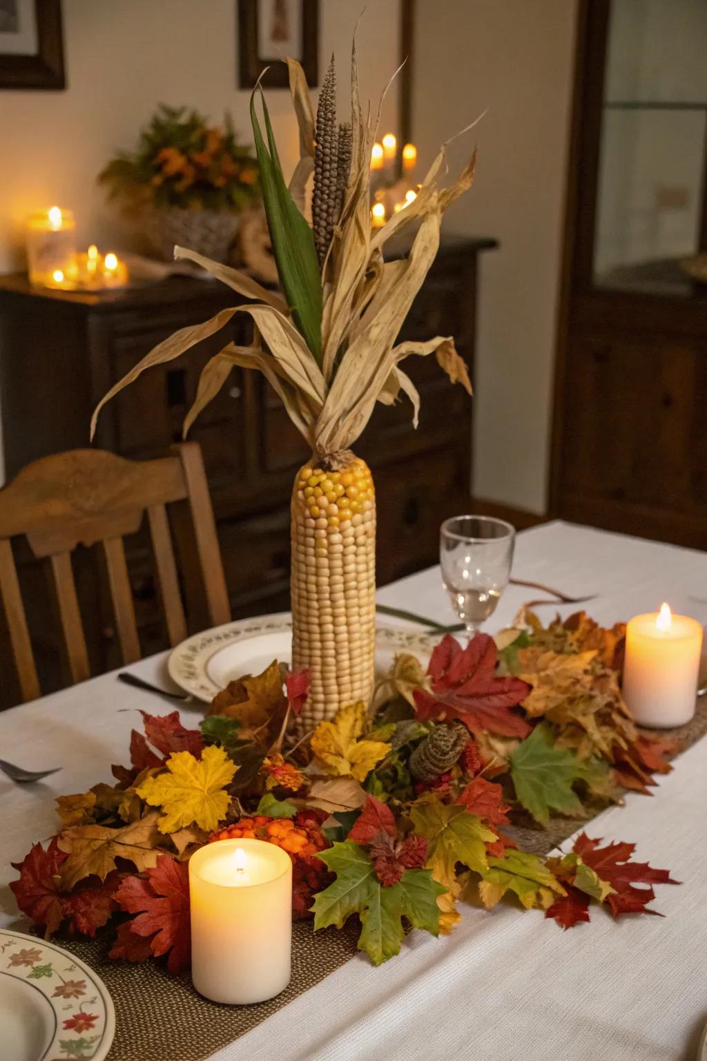 Provide an all-natural aspect to the table using a dried corn stalk centerpiece.