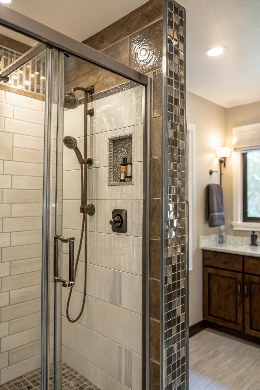 Metallic embellishments incorporate glamour and sophistication to your shower enclosure.