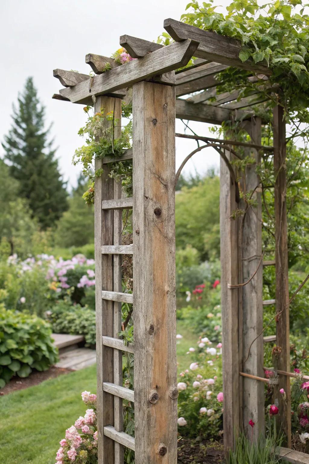 A sustainable trellis fashioned from reclaimed timber.