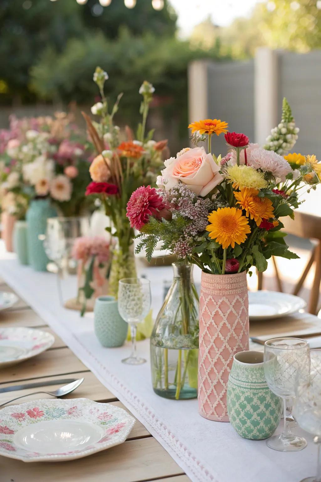 A wedding table featuring grouped assorted vases filled with vibrant blossoms.