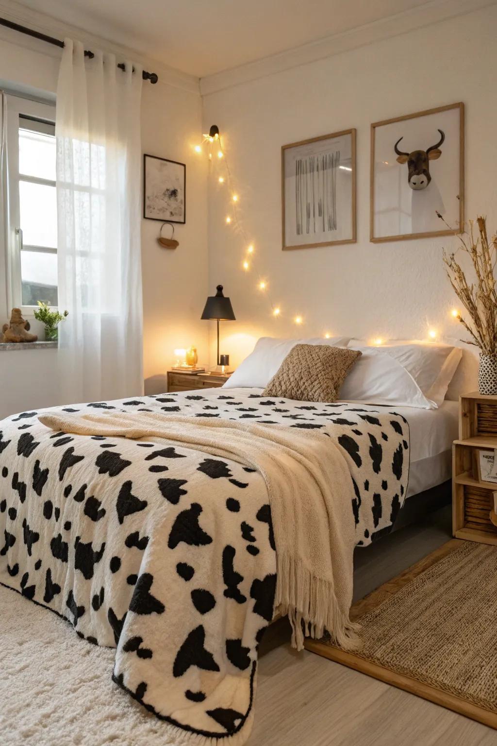 A farm animal pattern blanket adds warmth and style to any bedroom.