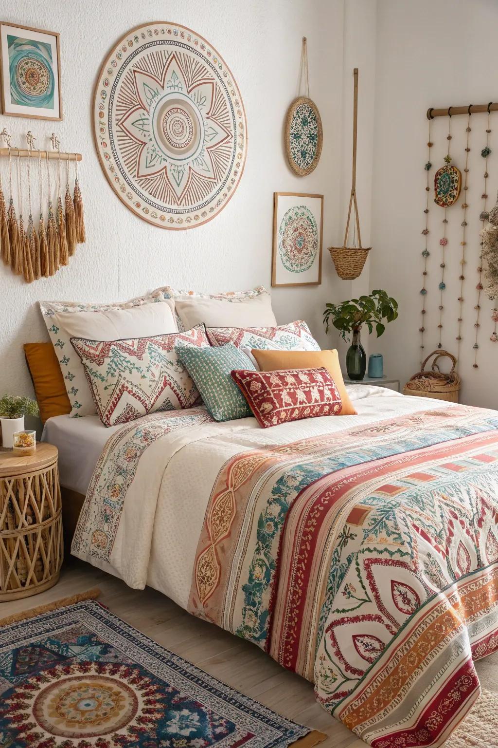 Matched designs add depth and visual interest to the bedroom.