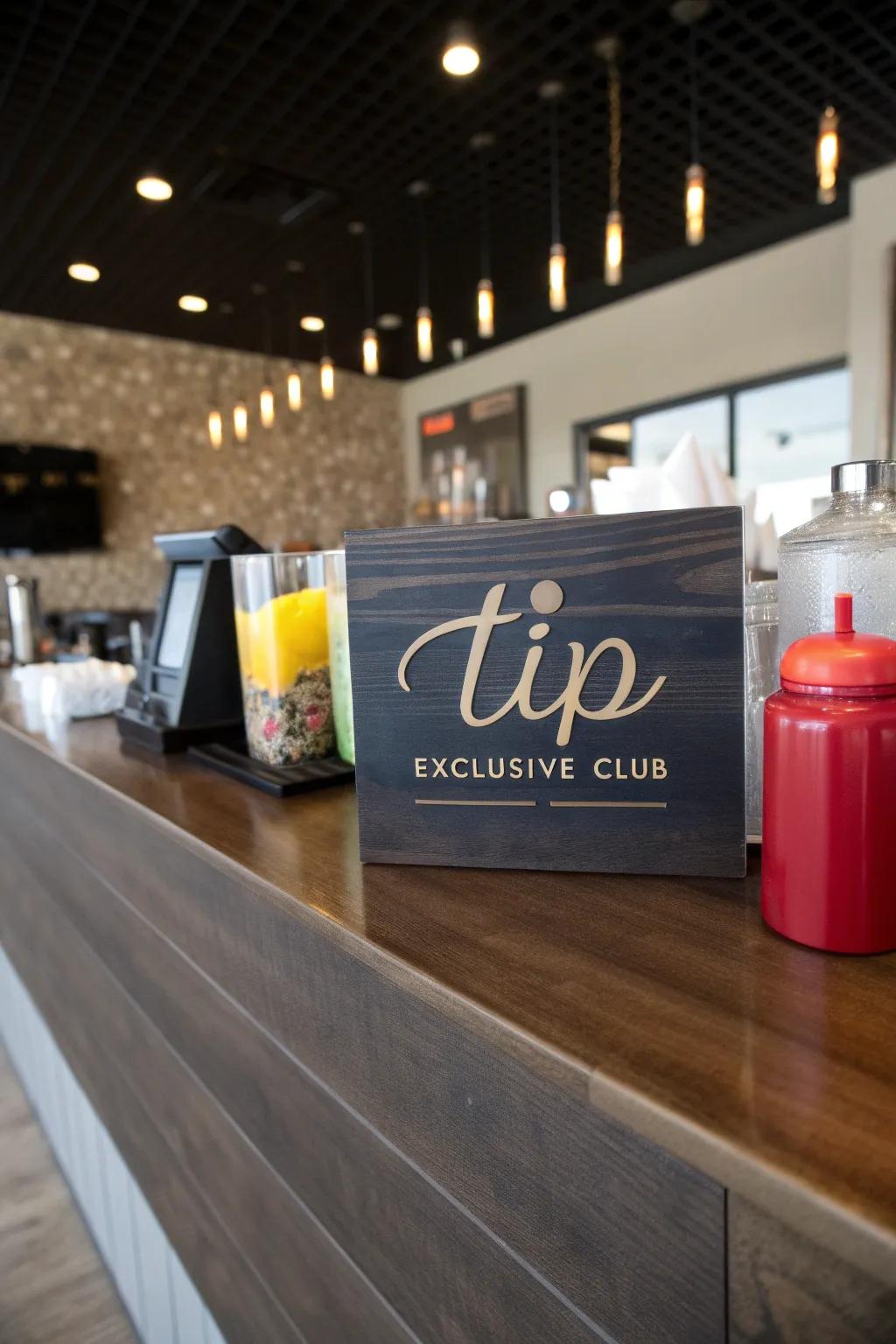 A tip container inviting patrons to join an exclusive ensemble