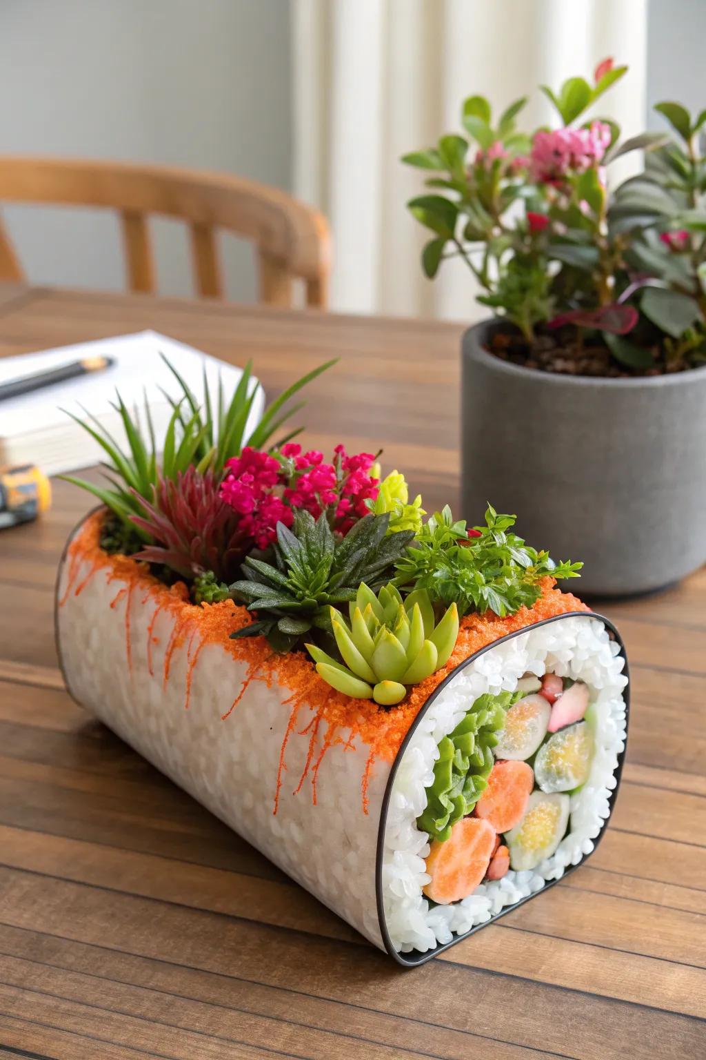 Eccentric sushi roll planter introducing enjoyment to the garden.