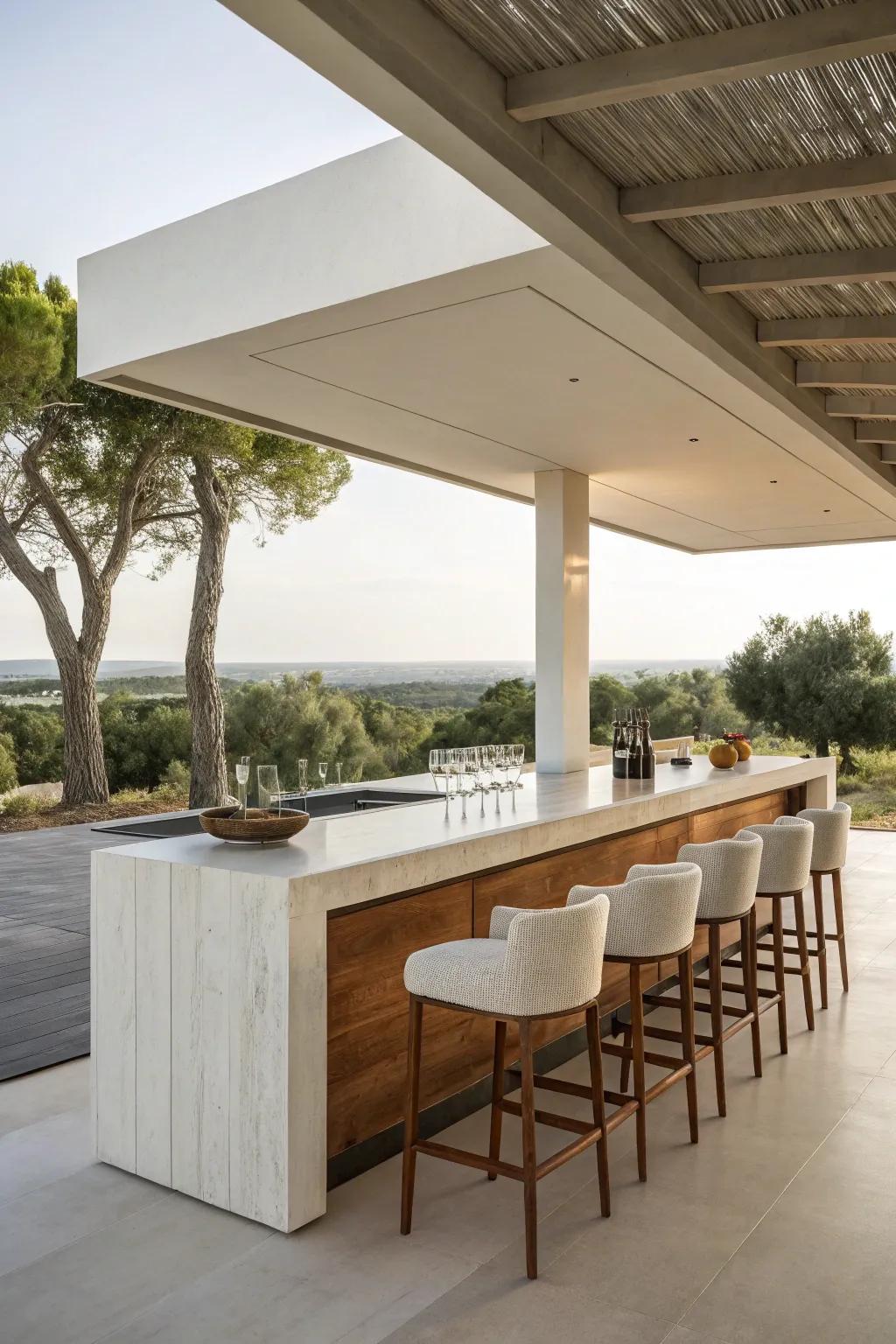 A minimalist design fashions a serene outdoor bar setting.