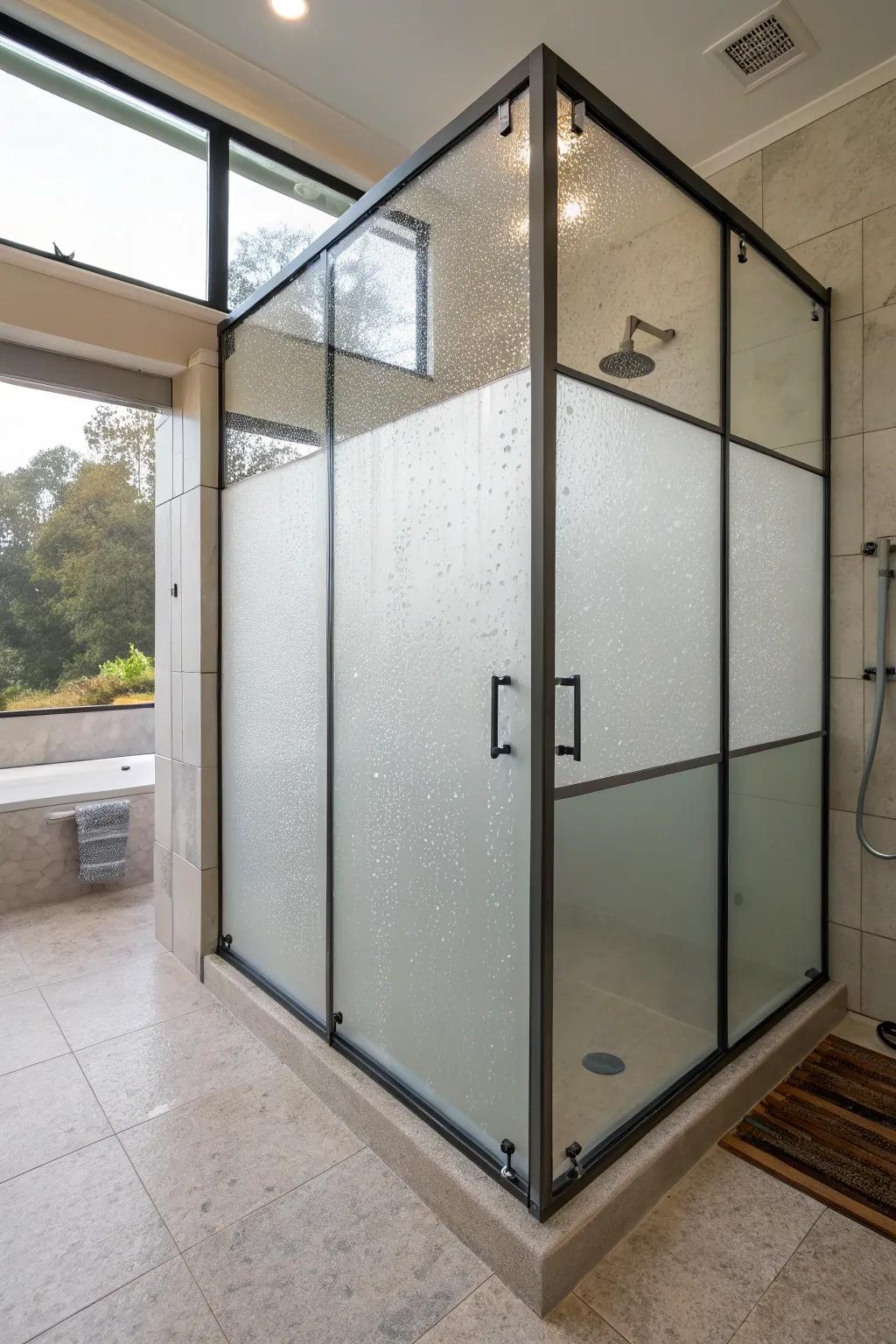 Layered glass panels offer privacy while maintaining a bright atmosphere.