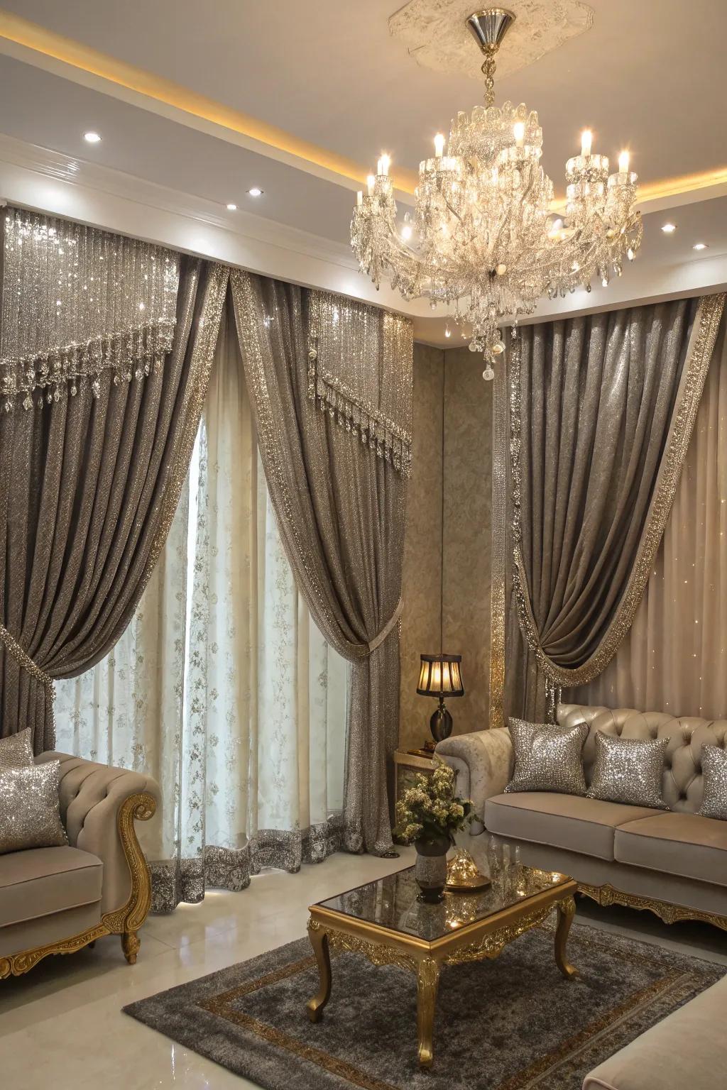 Shiny details add a luxurious touch to drape designs.