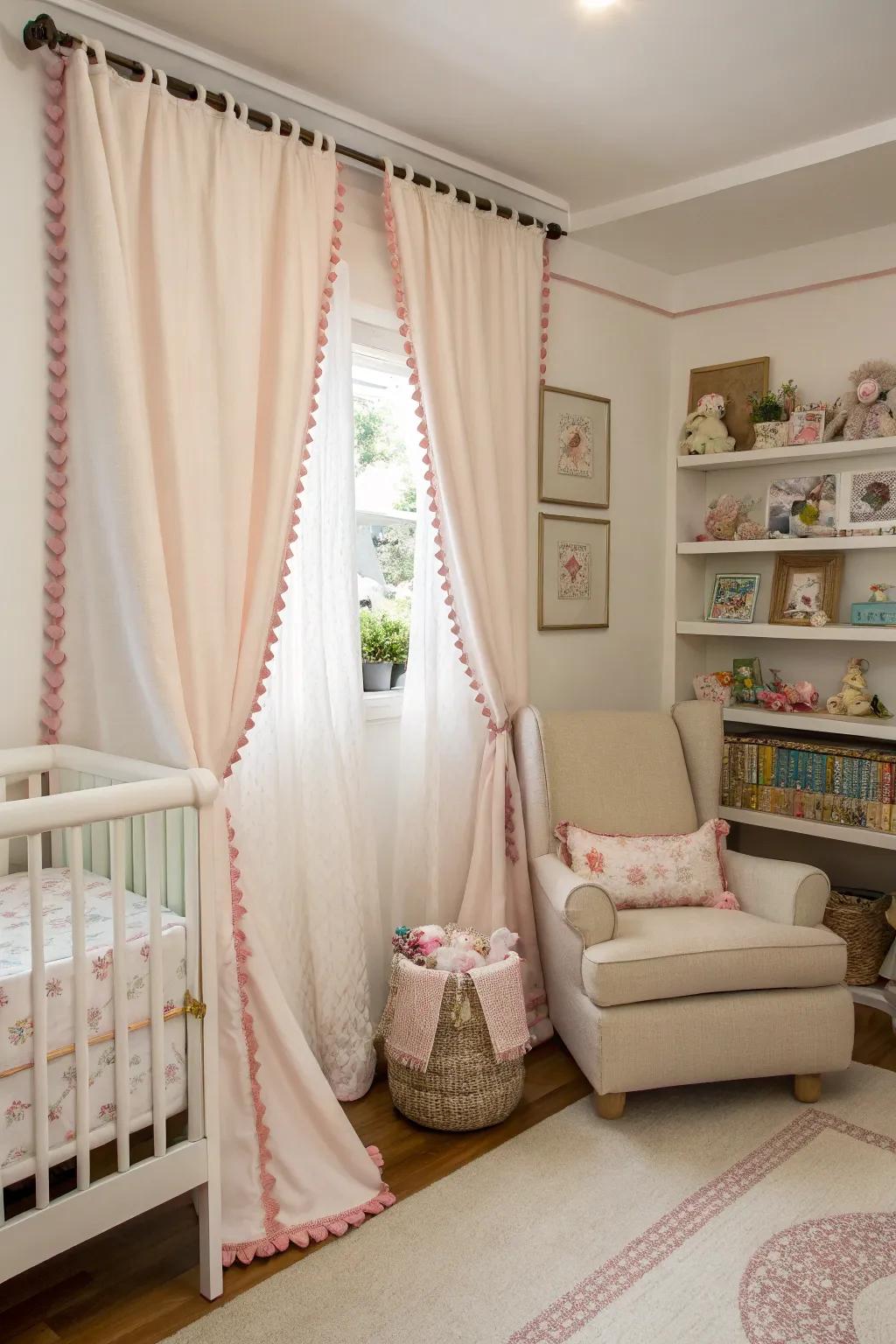 Classic nursery curtains featuring scalloped edges.