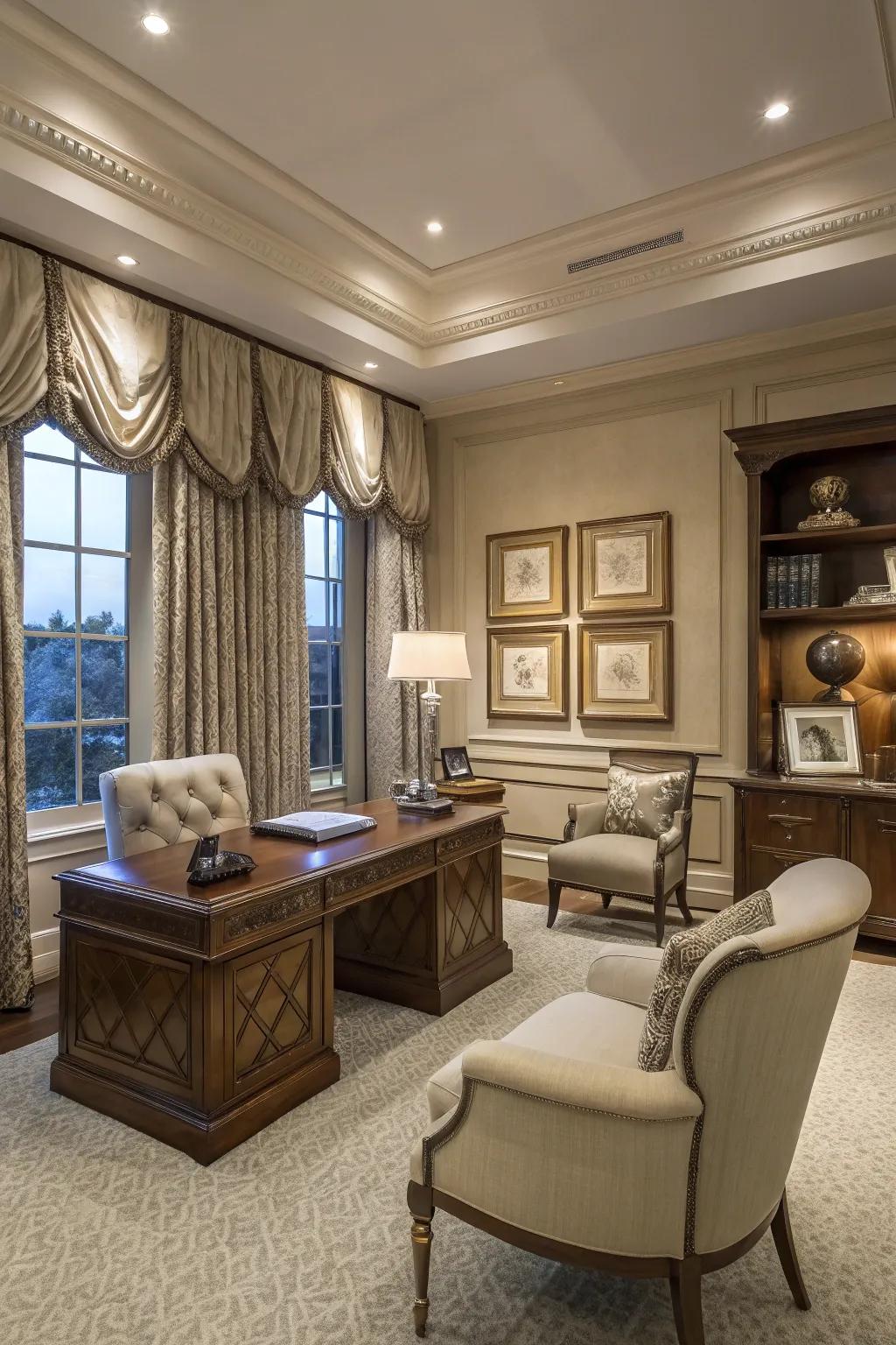 Incorporate structure and elegance with structured bend valances in your study.