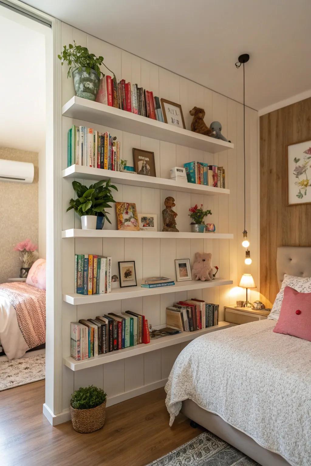 Elevated storage solutions keep the room organized and spacious.
