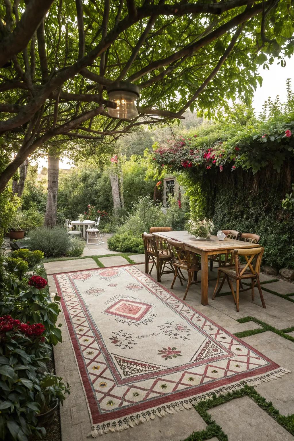 An outdoor rug delineates areas and incorporates an inviting element.