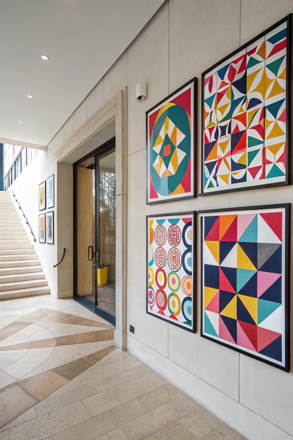 Angular pattern posters making a statement in an entryway.