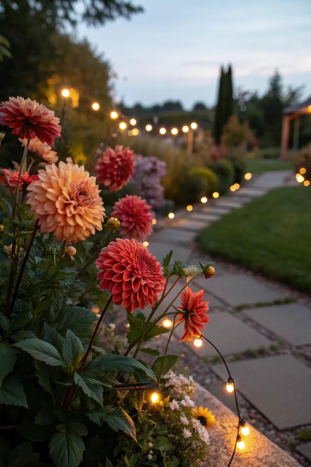 Garden lights casting a radiance upon evening dahlias.