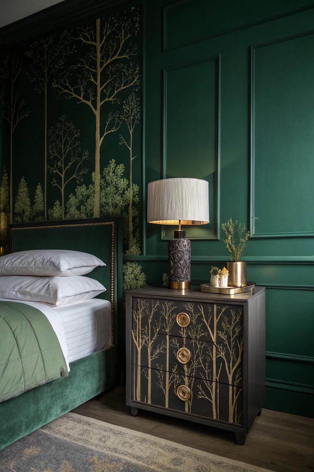 A dark green bedroom with sleek deep woods bedside tables enhancing the sophisticated vibe.