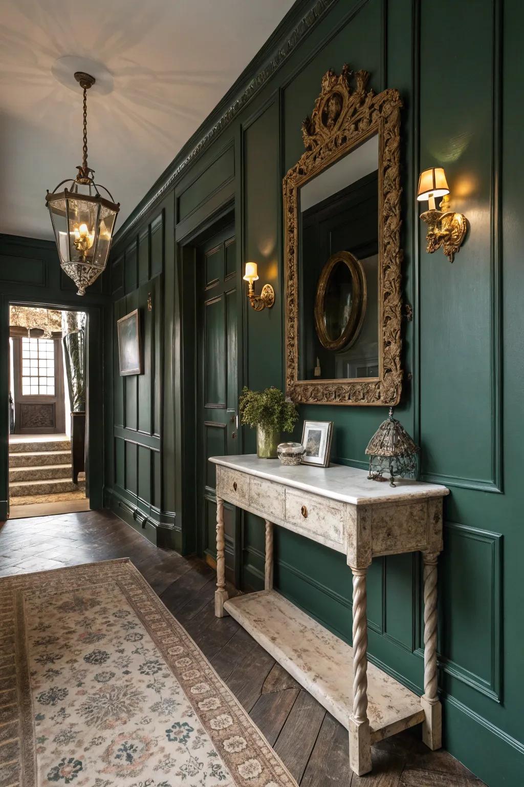 Period accents bring charm to the deep green hallway.