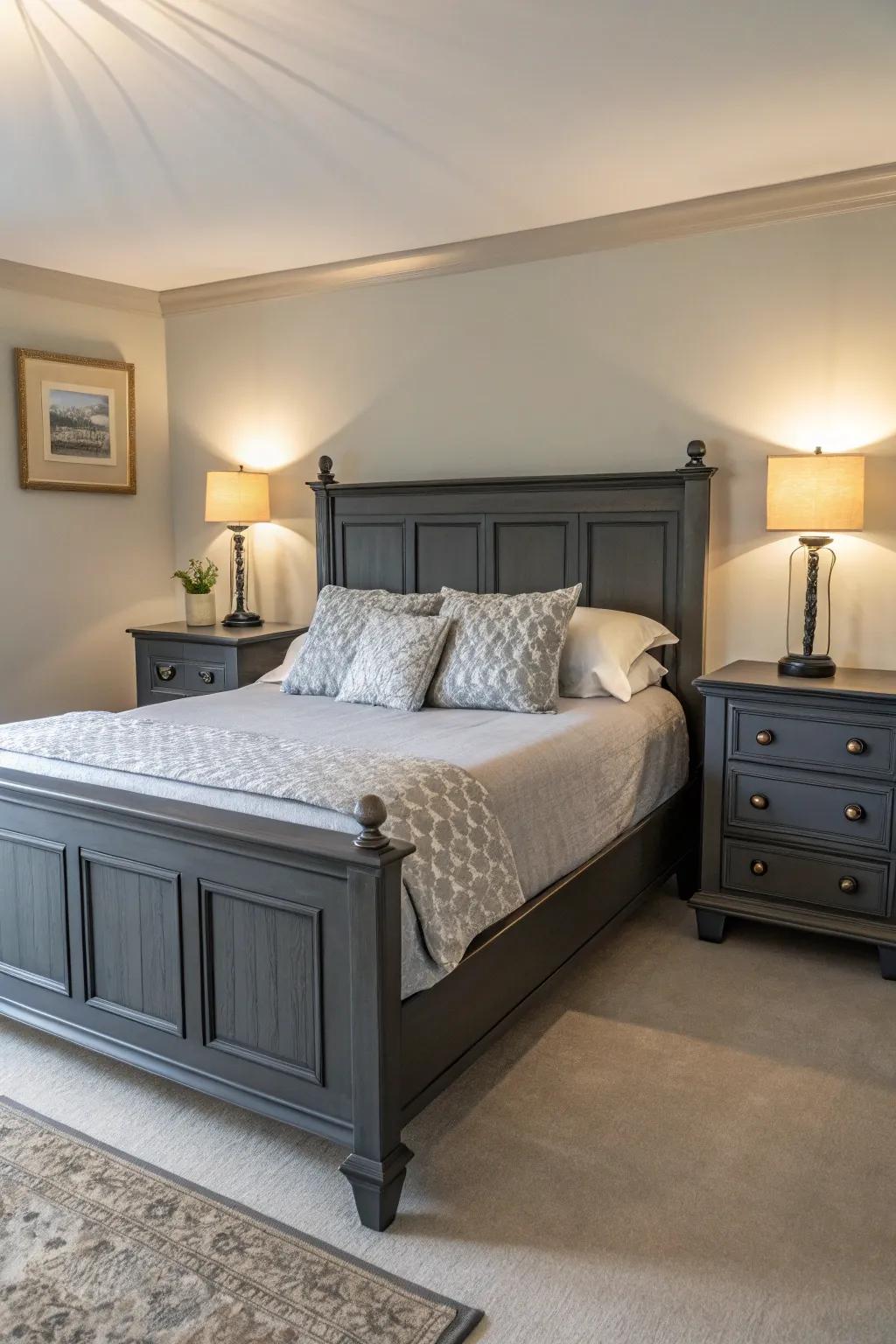 Symmetry brings balance and peace to a grey-themed bedroom.