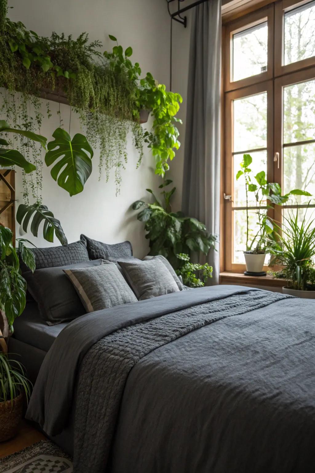 The charcoal bedding is given freshness and vitality by the addition of greenery.