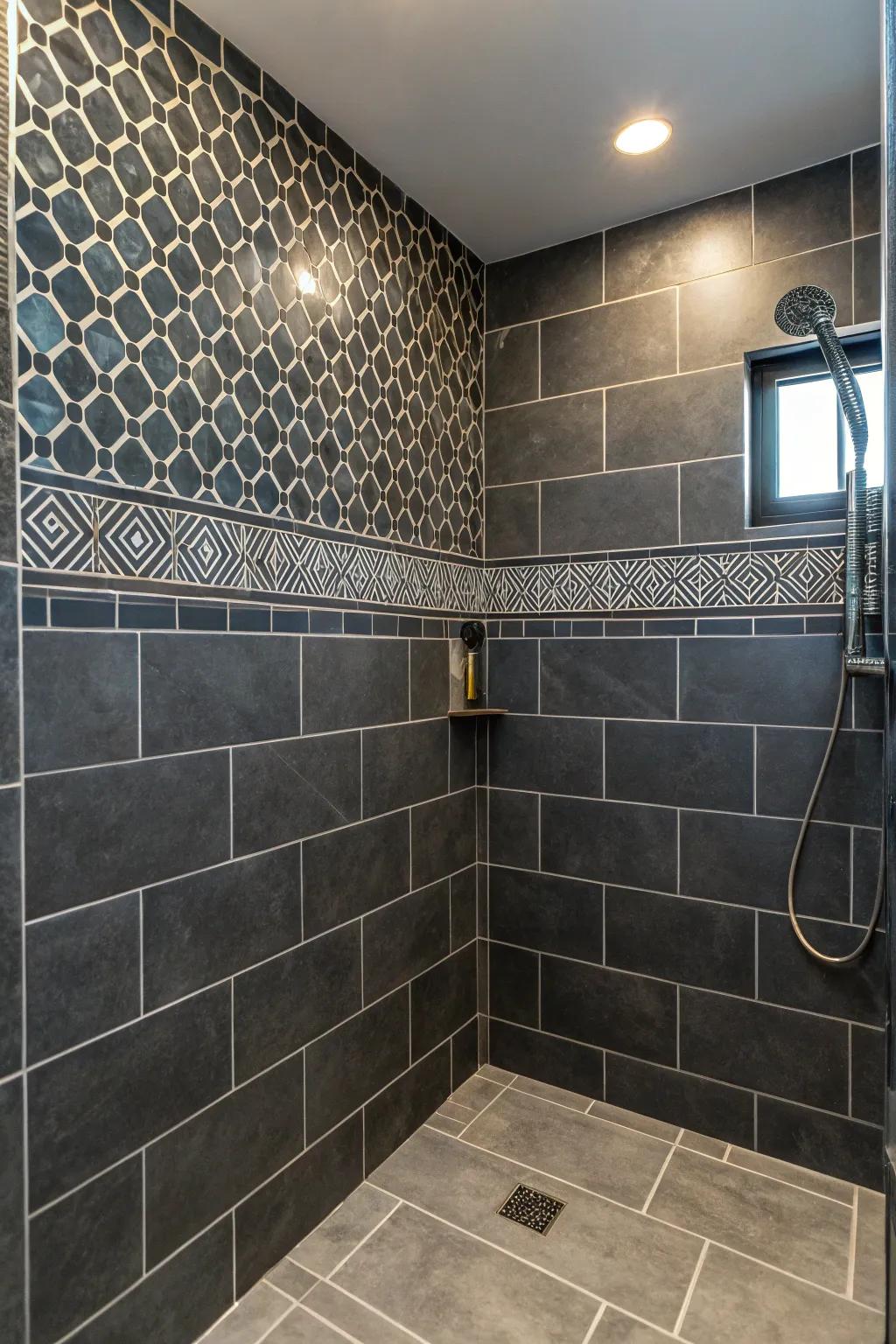 Patterned grout adds a unique twist to dark grey tiles.