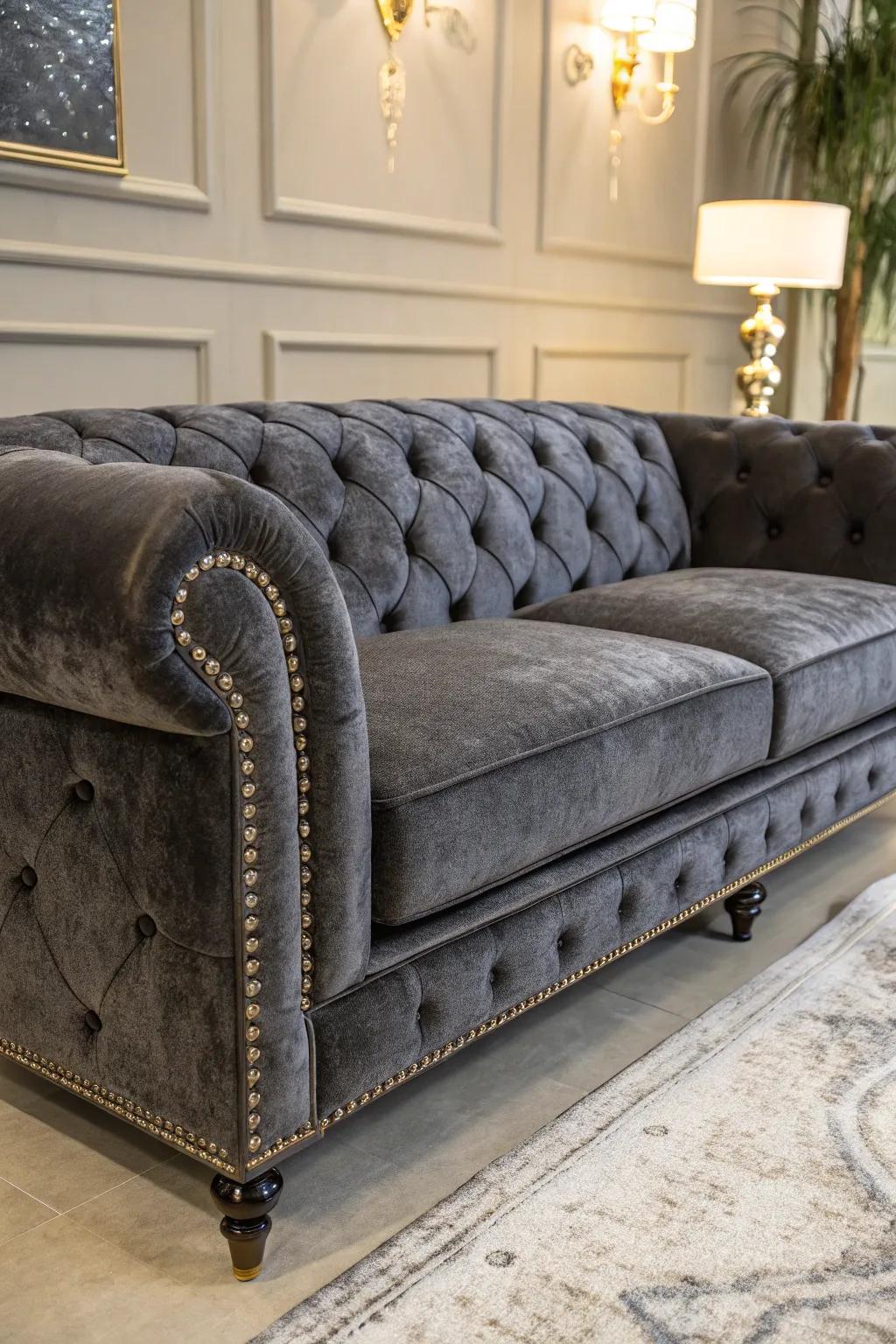 Smooth upholstery brings glamour and luxury to a grey couch.