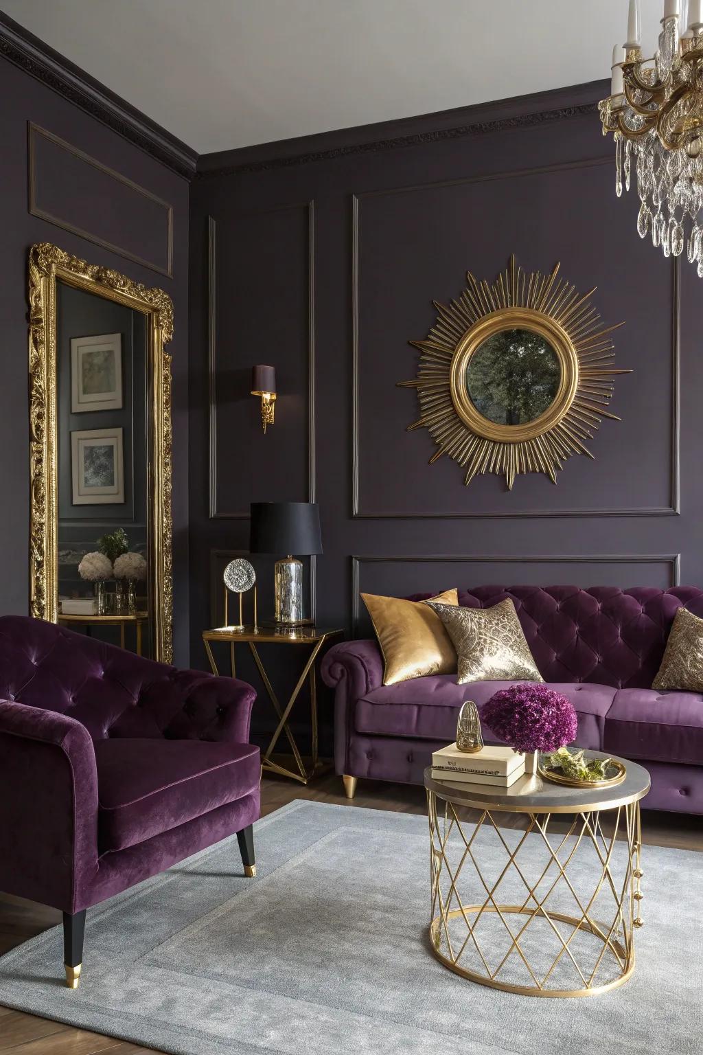Gilded metallic accents introduce glamour and refinement to this deep violet lounge.