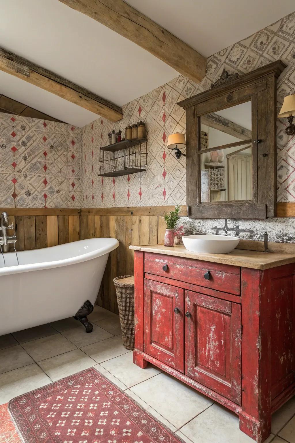 Rustic red elements contribute warmth and individuality to a farmhouse bathroom.