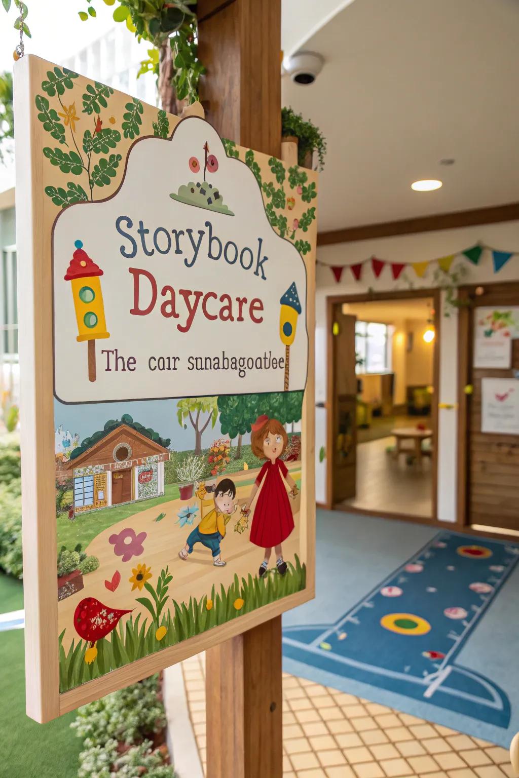 The telling of a delightful story is achieved through whimsical illustrations on the daycare sign.