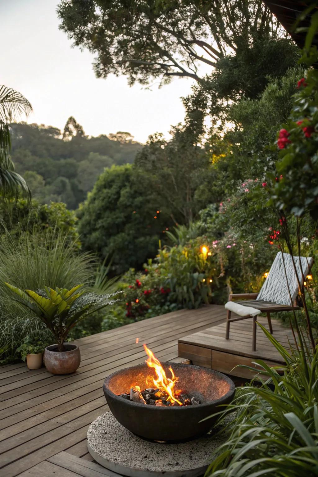 Enhance your deck’s natural appeal with a fire pit surrounded by greenery.
