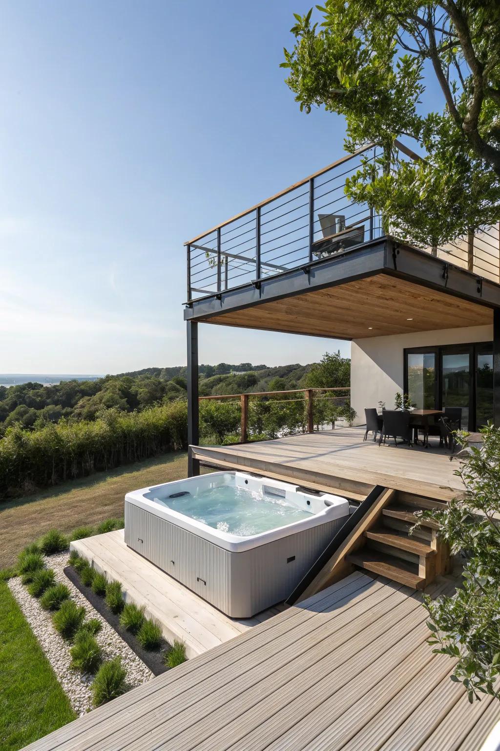 A suspended deck adds intrigue and a modern touch to the hot tub design.